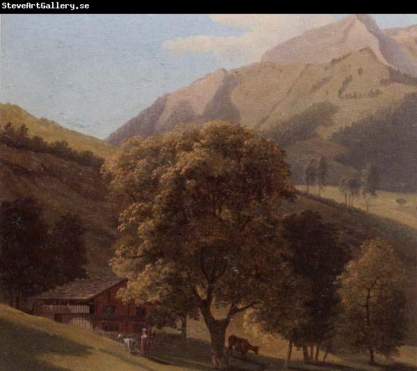 unknow artist A mountainous landscape with a maid before a chalet in a valley